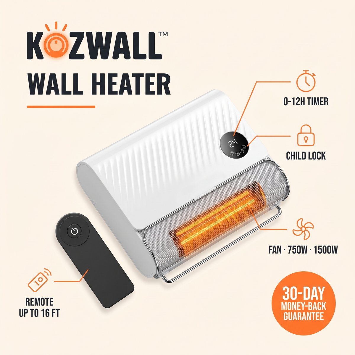 Kozwall features: remote, timer, child lock, three modes